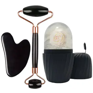 3-Piece Face Mask Ice Tray with Heart-Shaped Gua Sha Board and Double-Ended Massage Roller Facial Tool Set
