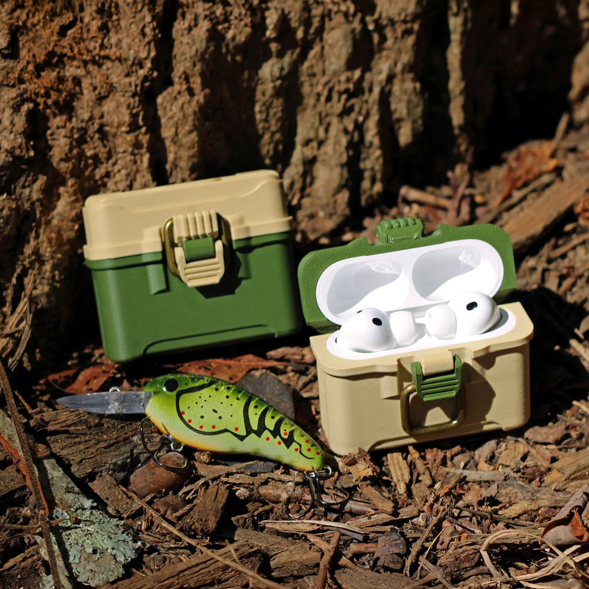 Fishing Tackle Box AirPods Case with Working Latch – Cool Angler Gift for Him, Dad, Husband, Boyfriend | Bass Fishing & Outdoor Gift for Men | Mini Tackle Box Case for AirPods Pro & AirPods, Dark Green & Beige