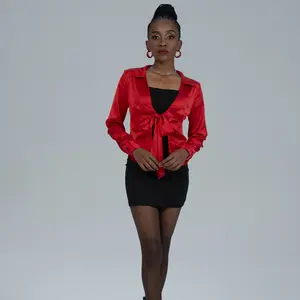 Satin Tie-Front crop Blouse in Ruby Red