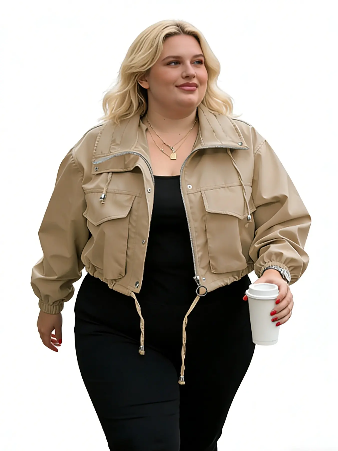 Women's Plus Size Short Jacket with Zipper, Lightweight Oversized Windbreaker Coat, Pocketed Fashion Outerwear for Casual Spring & Fall, Womenswear