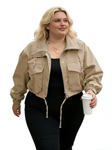 Women's Plus Size Short Collared Jacket with Zipper, Lightweight Oversized Windbreaker Coat, Pocketed Fashion Outerwear for Casual Spring & Fall