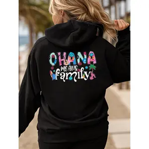 Women's Hawaiian Hoodie Ohana Means Family Long Sleeve Hooded Tropical Flower Print Beach Summer Hoodie Hibiscus Hoodie for Women Womenswear Sweatshirts Tops Casual Black Fitted