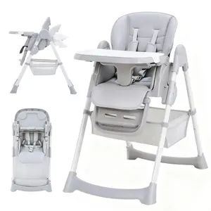 GAOMON Foldable High Chair for Babies & Toddlers, PU Leather Highchair with Adjustable Backrest, Footrest, Seat Height, Removable Tray, 5-Point Safety Harness & Locking Wheels,Light Grey