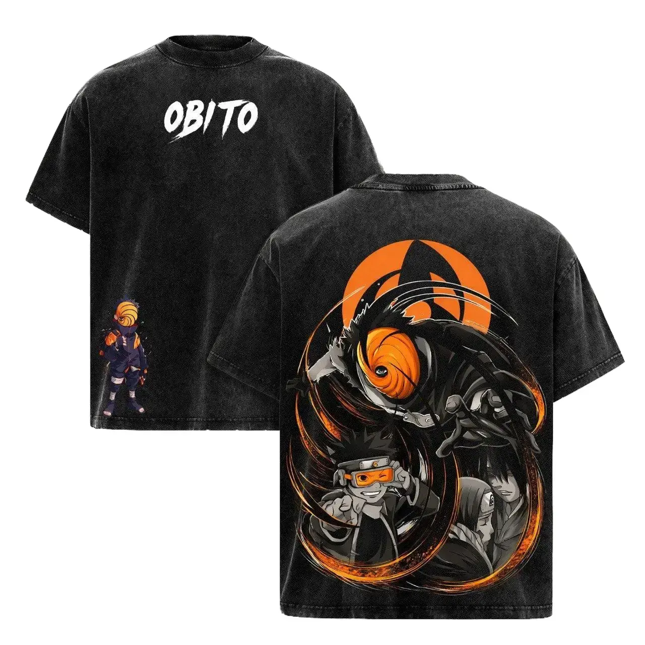 Naruto Shippuden Anime Tee, Obito Uchiha T-Shirt,Tobi Masked Shinobi Vintage Washed Oversized Graphic Tee, Akatsuki Sharingan Uchiha Clan Streetwear,Unisex Cotton Retro Manga Shirt for Otaku Fans 90s graphic good tees Casual American Short Sleeve T-shirt