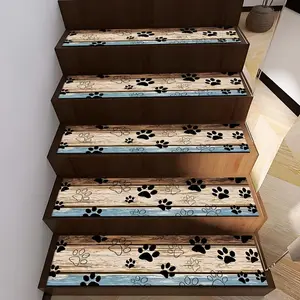 15 Pack Paw Print Pattern Country Style Stair Treads, 8 Inches X 30 Inches, Diatom Mud Bottom, Non-Slip Rug, Indoor Stair Safety Mat, Protect Stairs, Reduce Noise, Safer, Suitable for Wooden Floors, Reusable