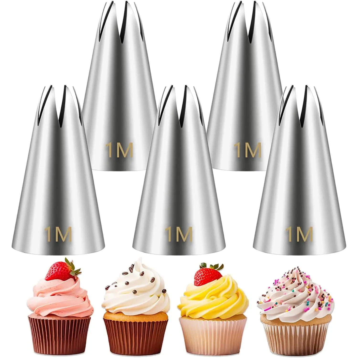1M Piping Tips, Stainless Steel Large  Piping Tips Set, Cupcake Pastry Tips for Cookie and Cake Decorating, DIY Cream, 5 count