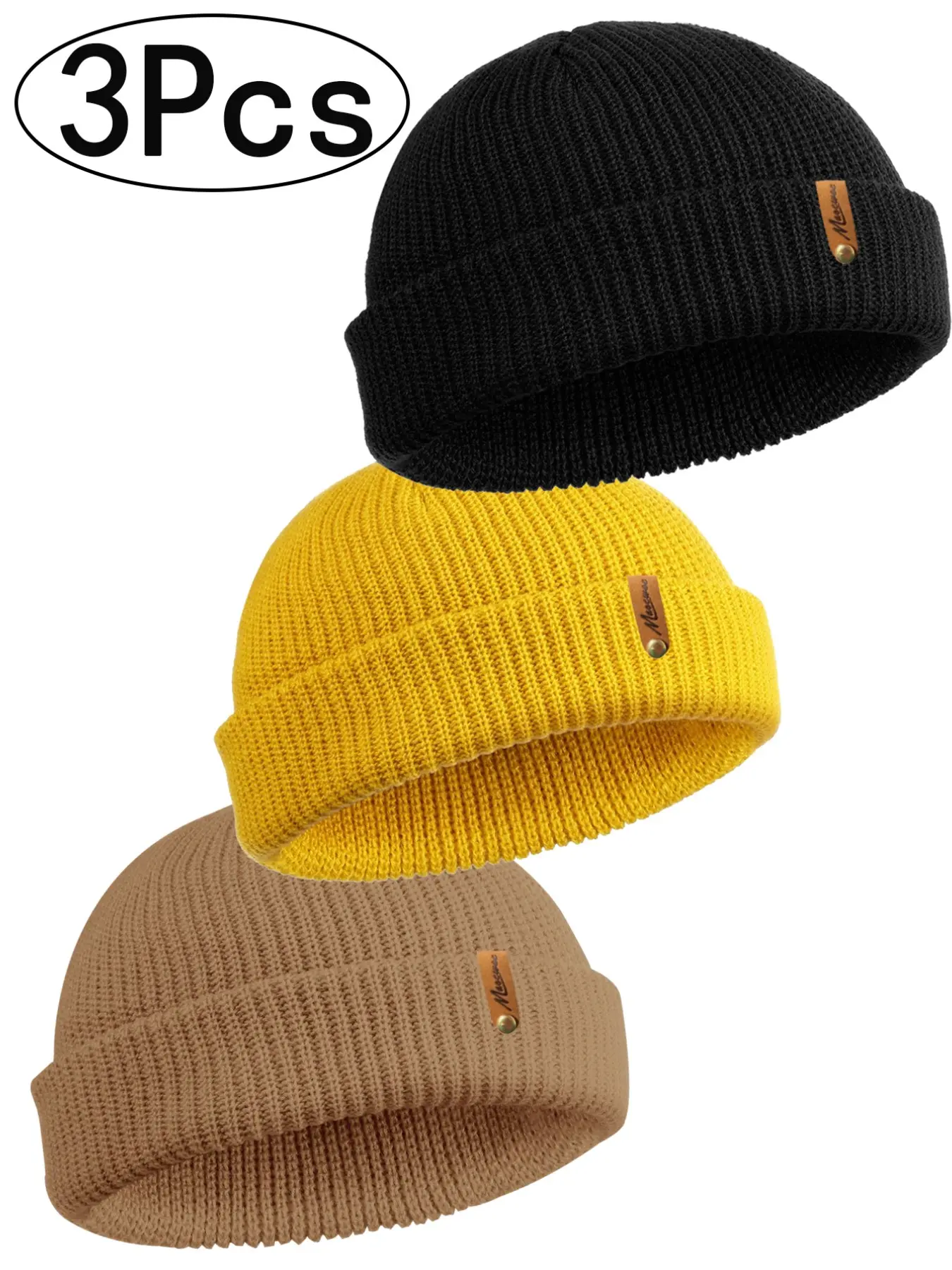 3-Pack Beanie Hat, Knit Ski Cap Fisherman Beanie for Men and Women, Solid Color Knitted Hat, Premium Streetwear Headwear for Skiing