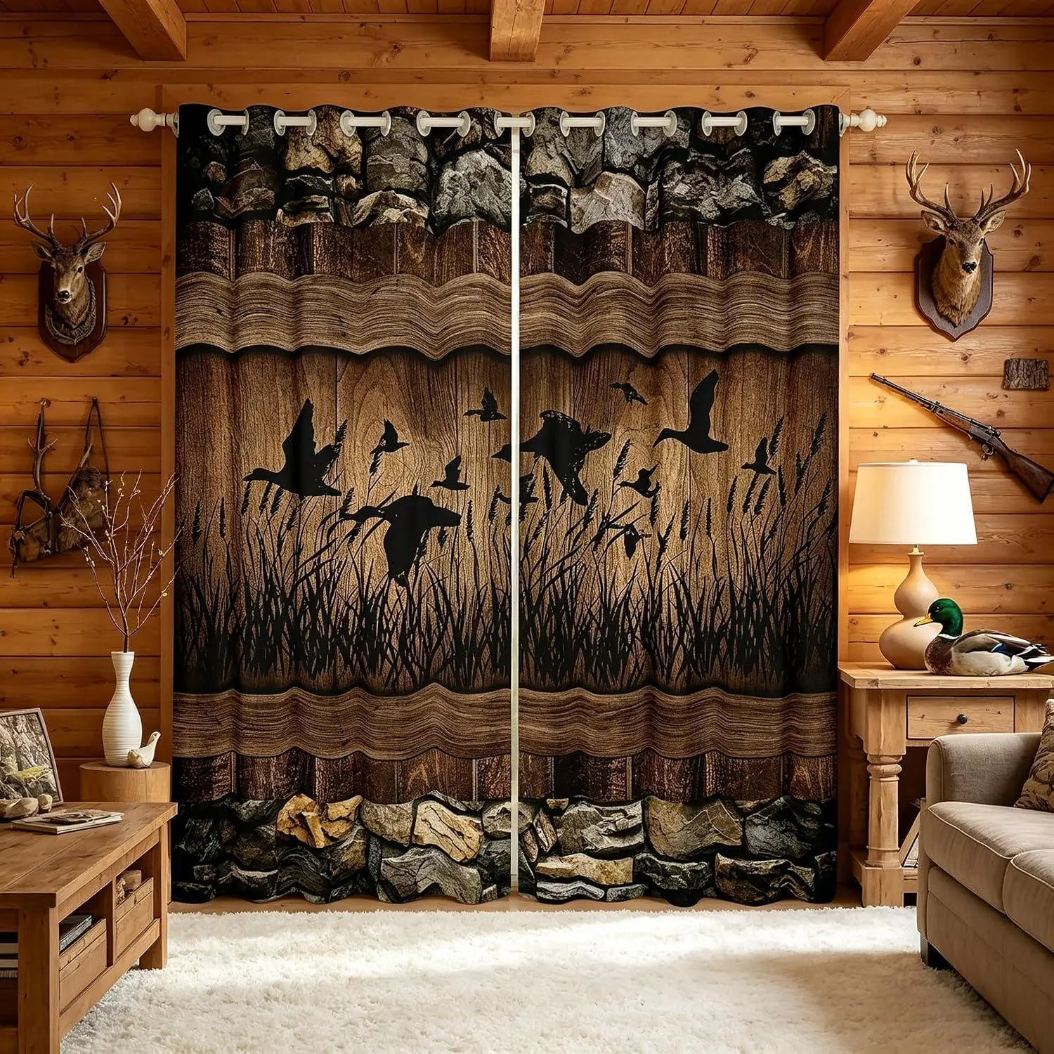 Mallard Duck Hunting Blackout Curtains Bedroom Living Room Farmhouse Lodge Window Curtains 2 Panels Rustic Cabin Drapes,Brown Country Wooden Stone Window Treatments