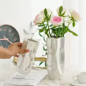 Luxury Hydroponic Vase Decor, Ceramic Silver Color Irregular Art Flower Pot, Home Soft Furnishing, Living Room High-End Style