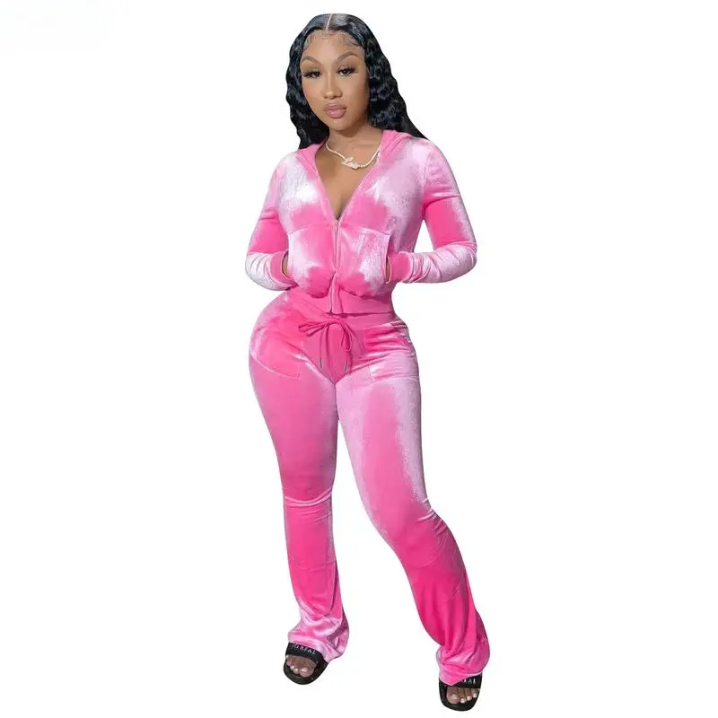 Women Autumn Two Piece Outfits 2 Piece Velour Tracksuit Velvet Sweatsuits Zip