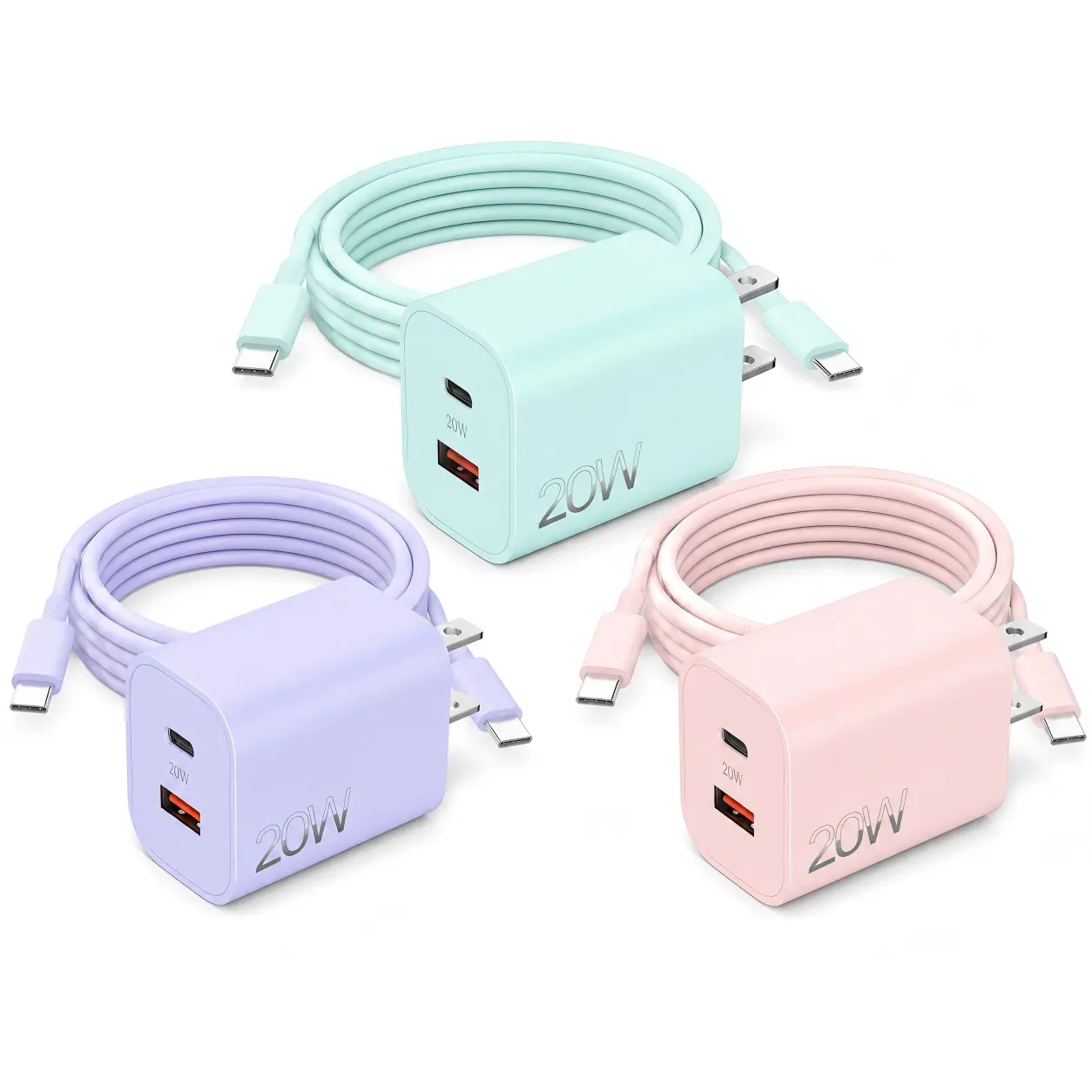 Mini Dual Rapid Charger Wall Plug - Dual Port (20W USB-C, 18W USB-A) with 6.6FT Cable for iPhone 17/16/15, Samsung Galaxy, iPad (1/2/3-Pack) Mobile Charging Accessory
