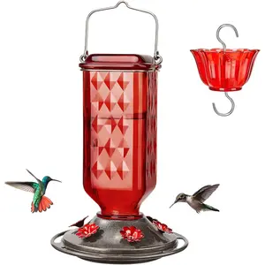Glass Hummingbird Feeder for Outdoor Hanging, 24 Ounces, 6 Feeding Ports, Bird Nectar Feeder for Garden Decor, Ant Moat Included, Red