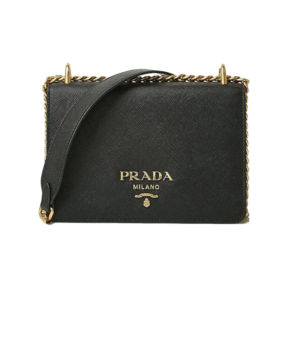 Pre-owned PRADA Saffiano Chain Crossbody Black with Gold Logo