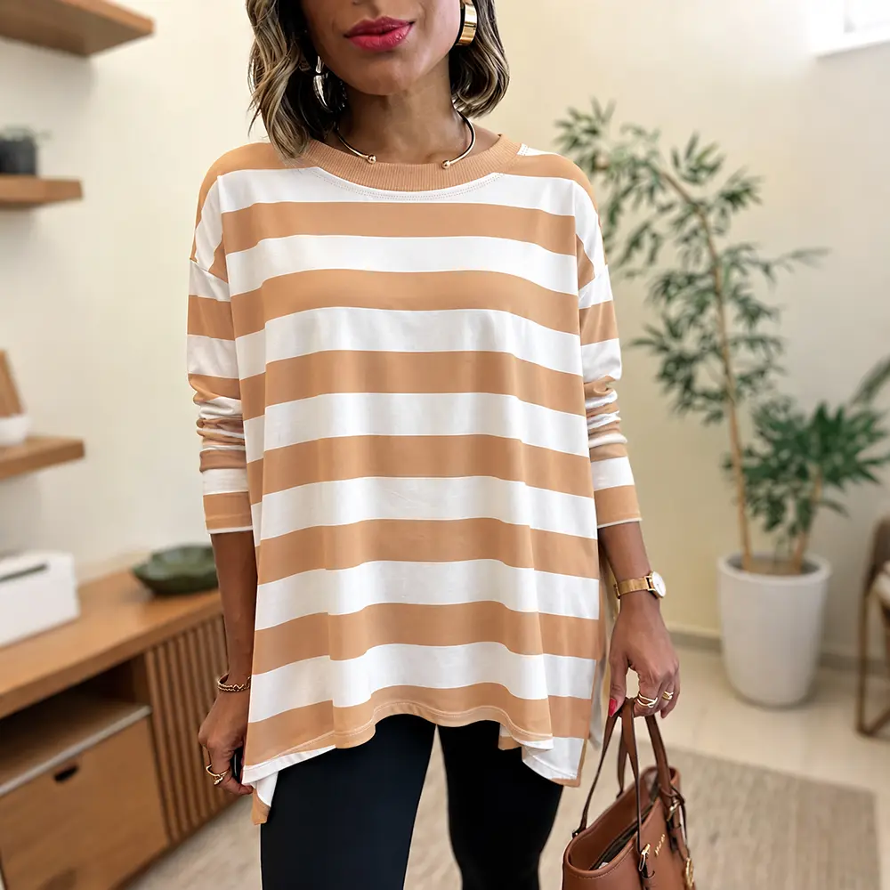 CHICME Women's Striped T Shirt Long Sleeve Drop Shoulder Crewneck Tee Side Slit Casual Loose Fit Top Oversized Fall for BacktoSchool