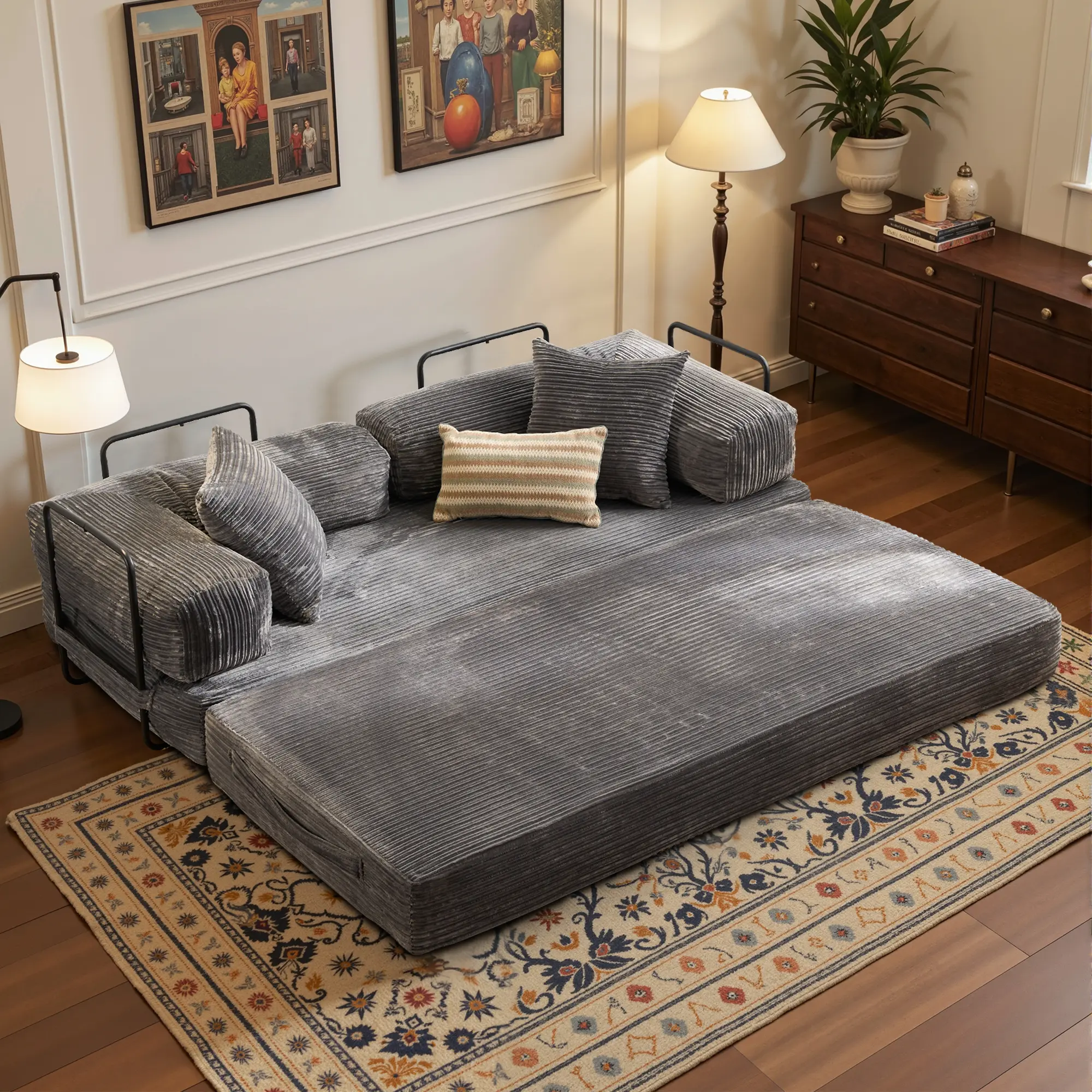 HOOOWOOO 81" Convertible Folding Sofa Bed, Modular Floor Sofa with Removable Backrest, 3-Seater Fold Out Couch Bed with Pillows, King Size Futon Lazy Couch Corduroy Sleeper for Living Room, Dorm, Grey