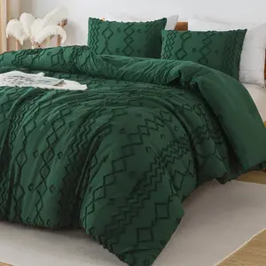King Size Down Comforter Set, Three-Piece Deep Emerald Green Bohemian Tufted Geometric Vintage Bedding, Soft and Fluffy Country-Style Bedding Set, Jacquard Textured All-Season Down Comforter (104x90 inches) Pattern Duvet Cover bag seersucker bed Tree