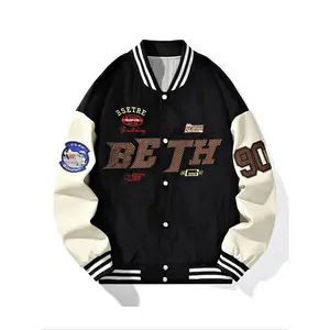 Men's Colorblock Letter & Figure Patched Drop Shoulder Baseball Collar Varsity Jacket, Regular Fit Casual Comfy Button Front Pocket Outerwear for Spring & Fall, Fashion Men's Clothes for Daily Wear