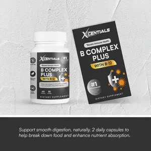 Xcentials B-12 Complex Plus - 60 Capsules, 30 Servings, Gluten-Free Vegan, Boosts Energy & Immune Health, Essential B Vitamins Supplement, USDA Organic, Tasty Berry Flavor