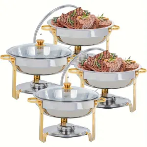 sebastian CADIA, 4PCS Stainless Steel Kitchenware Food Heater Set - Round Hot Pot, 5 QT Serving Tray for Buffet, Catering, Party Use