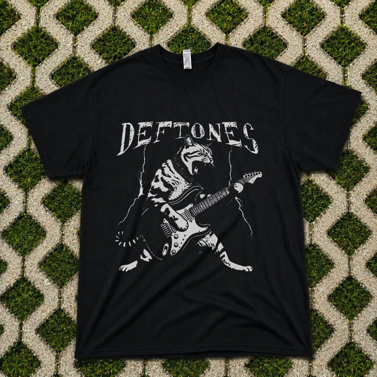 Gildan Men's T-shirt, Deftones Cat Playing Guitar Retro Graphic Unisex T-shirt, Black Cat Guitar Graphic Tee, Vintage Rock T Shirt, Grunge Music Shirt, Unisex Streetwear