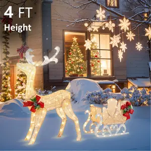 Walsunny Reindeer & Santa's Sleigh Decoration, 4FT Pre-Light Metal Tacky Christmas Tree Gift for Outdoor Holiday Ornament, Insert Xmas Yard, Gold