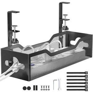Under Desk Cable Management Tray No Drill, 13.38'' Metal Wire Organizer with Clamp Mount for Standing Desk, Cord Management Box for Home Office – No Damage to Desk (Black)