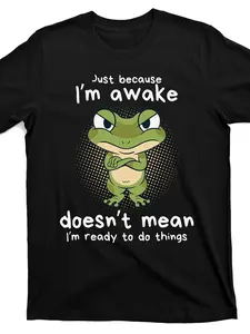 Men's Funny Angry Frog T-Shirt with "I'm Awake Doesn't Mean I'm Ready" Slogan - Loose Fit Cotton Shirt Suitable for Casual Wear, Humorous Gift, Breathable Short Sleeve Tee with Frog Design for Daily Outfits & Gifts (Adult Apparel)