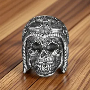Men's Stainless Steel Vintage Embossed Ring - 1pc European-American Punk Grunge Rings, Skull Motif, Aviator Detail, Geometric Shape, Daily Fashion Accessory,summerwins