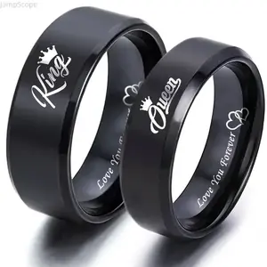 Couple Rings | King Queen Matching Wedding Ring Sets Black Titanium, Engraved Love You Forever Personalized Rings, Elegant Durable Custom Engraving Jewelry Gift for Wedding Anniversary Lovers
