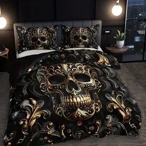 3-piece metal skull Cohesive bedding set (1 duvet cover+2 pillowcases) unfilled - black and gold Gothic skull design, breathable polyester fabric, machine washable, suitable for home and dormitory decoration, skull print design for dormitory decoration