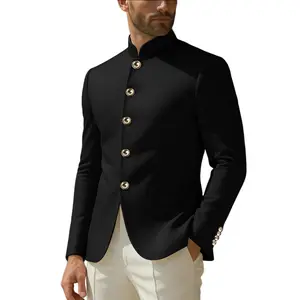 INCERUN Men's Slim-Fit Black Mandarin Collar Military Blazer Jacket - Gold Buttons, Spring-Autumn Clothes, Formal Wear for Creative Gala Parties, Retro Military Costumes