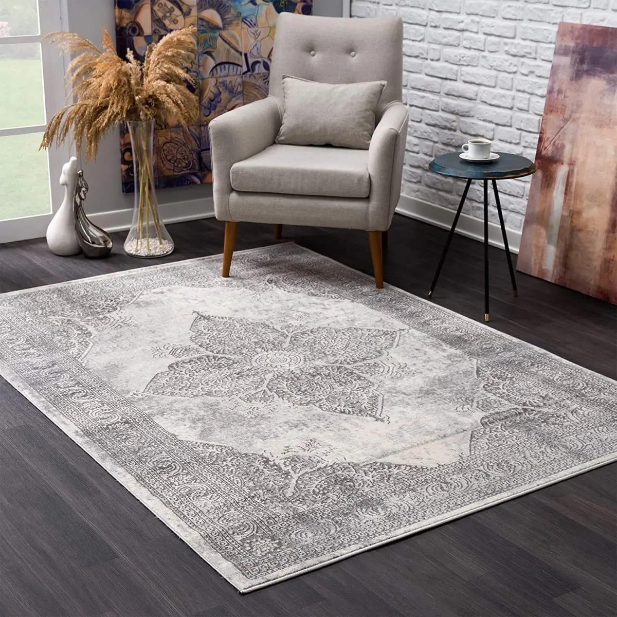HomeRoots 390081 2x4 ft. Gray Distressed Medallion Area Rug, Classic Cozy Dark-Colored Mixed-Texture Area Rug, Classic Area Rugs, Cozy Area Rugs