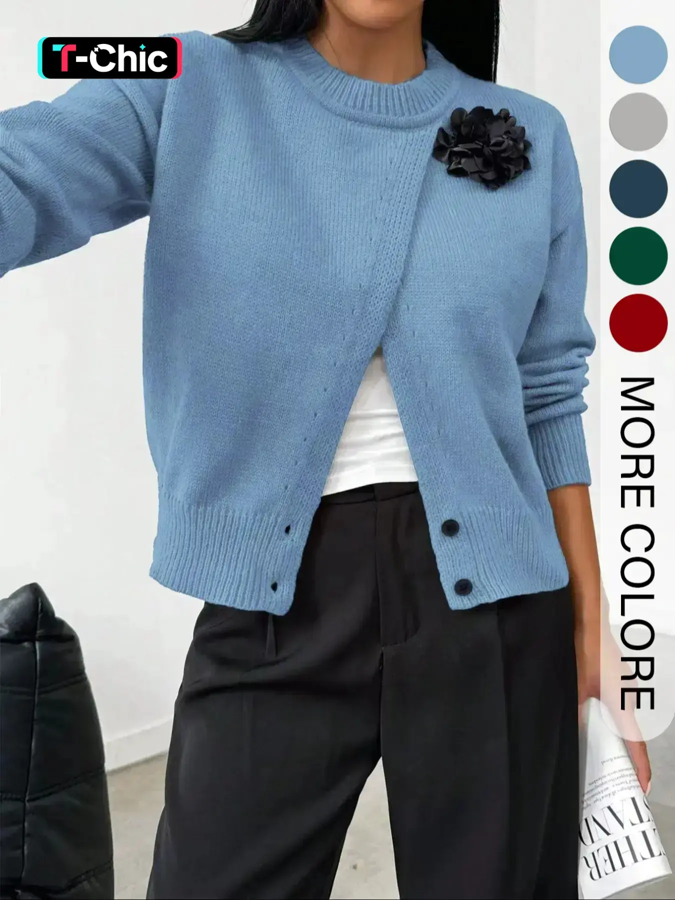 Women's Casual Knit Soft Pullover Sweater, Round Neck Long Sleeve Button Front Split Design, Fall & Winter Fashion Knitwear Womenswear Fabric