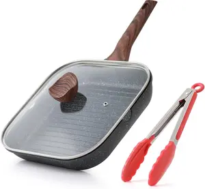 Nonstick Grilling Pan with Lid for Stove Tops, 11 Inch Square Grill Pan for Indoor Cooking, Granite Coating Grill Skillet with Pour Spouts, Versatile Griddle, Induction Steak Pan, PFOA Free