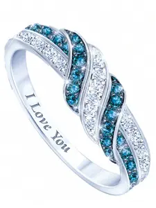 Silver Tone Twist Ring with Blue and White Cubic Zirconia for Women – Elegant "I Love You" Shaped Jewelry Gift for Women, Wedding Ring, Engagement Ring, Anniversary Party Accessories for Holidays