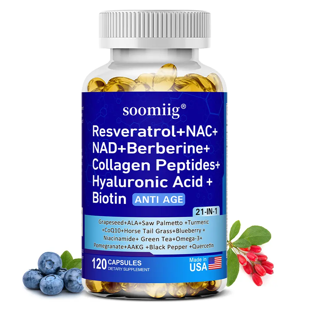 Soomiig 21-in-1 Anti-Aging Beauty Supplement - NAD, Resveratrol, Collagen Peptides, Biotin, Vegan, Gluten-Free, Unflavored - Supports Adults' Cellular Energy, Body Health, Hair Skin Nails - 120 Capsules, Dietary Collagen Supplement