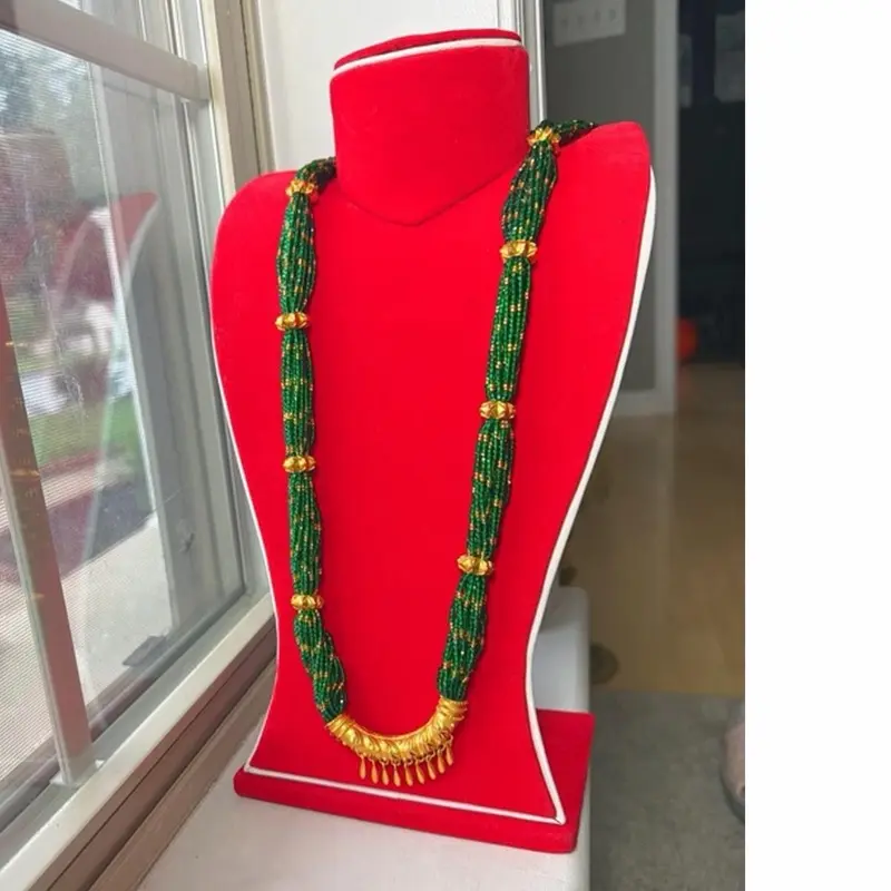 2-16 Design Mix Hydro C Tilhari Gedi Long Length Geometric Necklace, Green and Red Beaded with Gold Accents, Celebration Wear, Includes Pendant
