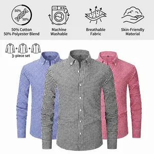 Multi Color 3Pcs Checkered Long Sleeve Shirts, Machine Washable Skin Friendly Button Up Tops For Work Weekend Travel Outfits Casual Menswear Man