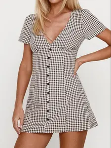 Women's Plaid Print Button Decor V Neck Dress Casual Fashion Short Sleeve Dress for Daily Outdoor Wear Ladies Clothes for All Seasons Sexy Shirt Mini Dress