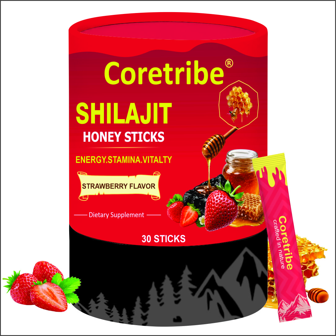 Coretribe Pure Himalayan Shilajit Honey Sticks | Easy to Consume Shilajit | 30 Sticks for Energy Boost & Immune Support, 85+ Trace Minerals, 75%+ Fulvic Acid | Lab-Tested For Purity| Strawberry & Chocolate Flavor
