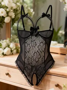 Women's Black Mesh Teddy Bodysuit - Yonna Style, Short Sleeveless, Romantic Bow Details, Lace Cutout, Minimalist Sexy Lingerie for Date Night & Special Occasions (Pair with Jeans Option) ribbed clothing