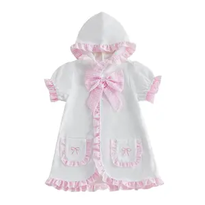 Toddler Baby Girl Swim Cover Up Hooded Bathrobe Dress Terry Swimsuit Cover-ups Gingham Ruffle Trim Pocket Towel Beach Bathing Suit #Summervibes