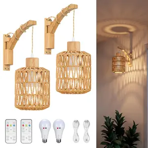 【Major Markdown】Glitnous Bohemian Decorative Hanging Lamp Bamboo Weave Shade Square Wood Base Coffee Colored Rope Easy to Install Boho Style Accent Lighting for Any Room