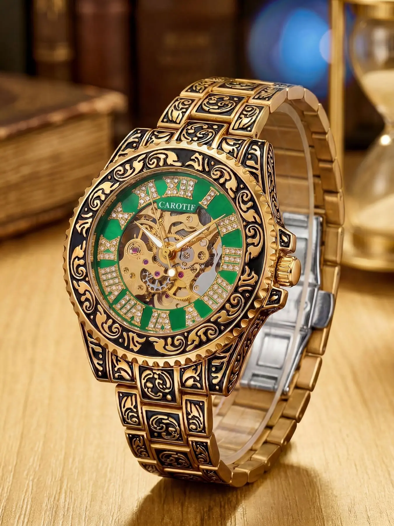 A men's hollow green dial watch with vintage patterned strap, suitable for everyday wear, personalized and trendy with exquisite design showcasing taste, mechanical watch, Casual Trendy Wristwatch