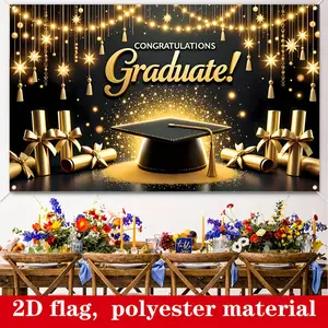 Shimmering Golden Polyester Photo Backdrop Banner, 180cm x 110cm Single Piece with Graduation Cap & Diploma Designs, Ideal for Birthday, Festive Party Decor (Home & Festive Party Supplies)