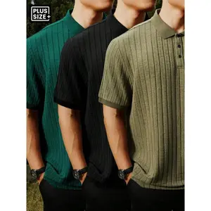 【Plus Size】 Solid Ribbed Polo Shirt, Regular Fit Casual Short Sleeve Collared Top for Summer, Men's Clothes for Daily Wear, Tropical
