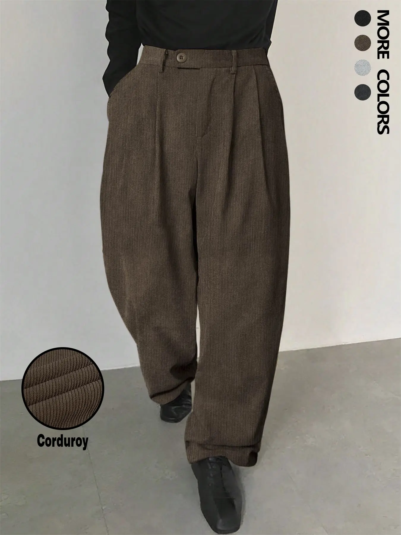 Men's Solid-Color Corduroy Oversized Carrot Pants, Button-Fly Side Pockets, Casual Fashion Loose Relaxed Loose-Fit Textured Trousers for Daily Wear, Streetwear Pants with Zipper, Woven Bottoms for All Seasons