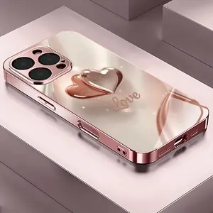 Fashionable and romantic pink heart design metal paint glass phone case,for iPhone 17 Pro Max Phone Case 17 Air 16E 16 Pro Max 15 Pro Max 15 Plus 14 Plus 13 12 11 Phone Cases