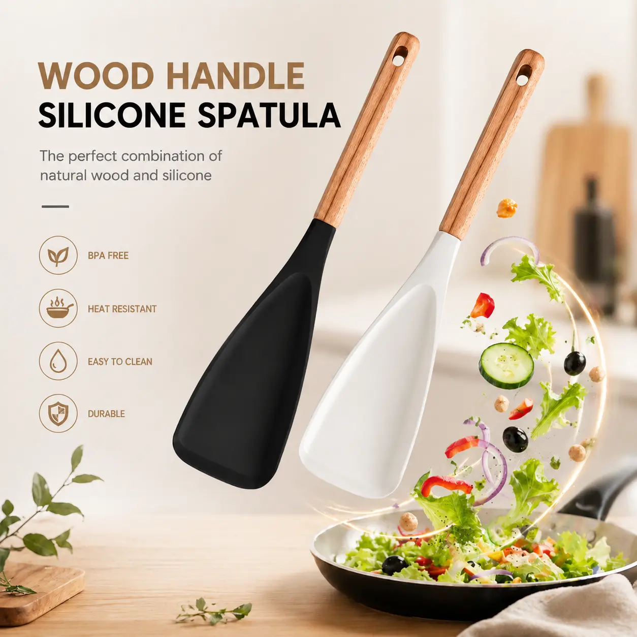KLYRO Cooking Spoon for Nonstick Cookwares, Great for Cooking and Serving Durable BPA-Free Matte Silicone, Wood Handle Spoon for Mixing, Scoop, and Scrape, Salad spatula, Kitchen tool