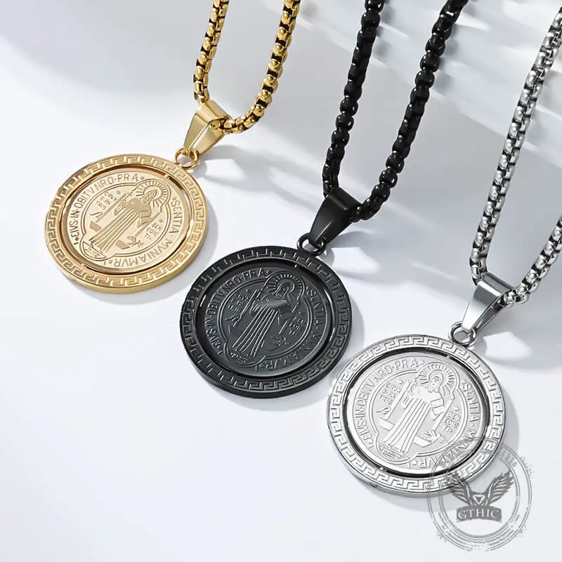 GTHIC St. Benedict Double-Sided Rotating Stainless Steel Amulet Pendant, Vintage Faith Jewelry Accessory, Gift for Men and Women